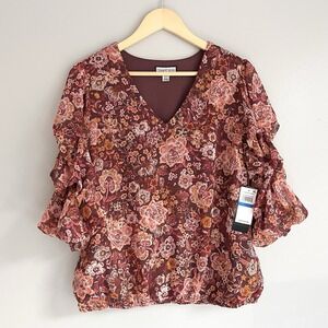 Sam and Jess Floral Blouse Women's Lantern Sleeve V Neck Romantic XL Petite NWT